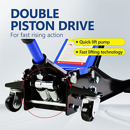 3T Low Profile Steel Floor Jack, 6600 lb, Dual Pump, 3.3"-18.5" Lift, Blue | Heavy-duty steel, dual-piston quick lift, low profile, 3.3"-18.5" range, overload safety protection. - size: 3T Dual Pump 3.3"-18.5"