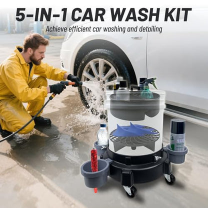 ROBLOCK 5 Gallon Bucket Dolly Roller with Dirt and Grit Traps Insert, Car Hose Guide, Bucket Tool Organizer, 3 Removable Bottle Holders, 5-in-1 Car Wash Kit for Cleaning Detailing Carrying
