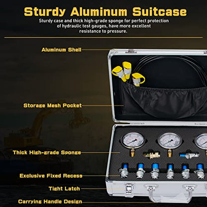 Hydraulic Pressure Test Kit for Excavator, Includes 9 Couplings, 3 Test Hoses, 3 Pressure Gauges (3500PSI/250bar, 6000PSI/400bar, 10000PSI/600bar) - size: 16PCS - 3Guages