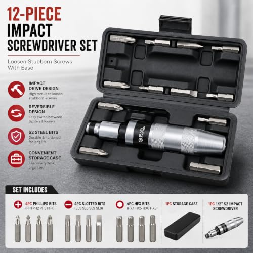 BLACK CANYON Manual Impact Screwdriver Set, Heavy Duty Hand Impact Driver with 12 S2 Steel Bits, Reversible Impact Screwdriver for Rusted, Stubborn & Seized Screws, Motorcycle Repair Tool Kit