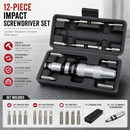 BLACK CANYON Manual Impact Screwdriver Set, Heavy Duty Hand Impact Driver with 12 S2 Steel Bits, Reversible Impact Screwdriver for Rusted, Stubborn & Seized Screws, Motorcycle Repair Tool Kit