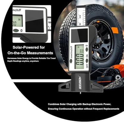 GODESON Digital Tire Tread Depth Gauge -Reads 32NDS, Inch & MM/Solar/Battery Hybrid Power/1" (25.4mm) Range/Accurate Tire Thread Depth Gauge Tool Suitable for Cars, Trucks, Motorcycles - style: IN/MM/FRAC - Black