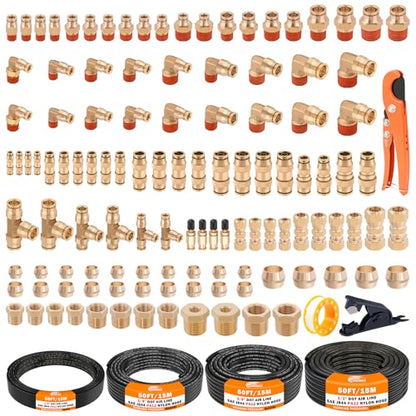 CheeMuii 124 PCS Brass DOT Air Line Fittings with 4 Roll 50FT 1/8" 1/4" 3/8" 1/2" DOT Air Lines Kit Push Lock Air Fitting Quick Connect Air Fittings with Air Hose Pneumatic Tubing - size: 50FT-4ROLL-124PCS