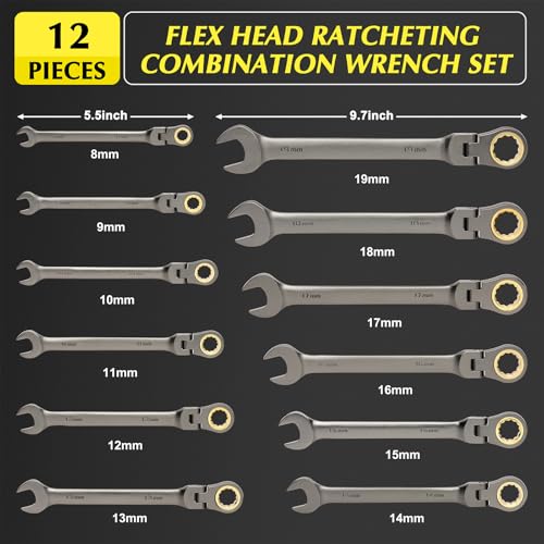 EMENTOL 12 Pieces Flex-Head Ratcheting Wrench Set with Organizer Rack, CR-V, 72-Teeth, Metric Ratchet Combination Wrenches Set, 8mm - 19mm - size: Metric 8-19mm