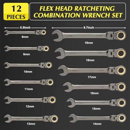EMENTOL 12 Pieces Flex-Head Ratcheting Wrench Set with Organizer Rack, CR-V, 72-Teeth, Metric Ratchet Combination Wrenches Set, 8mm - 19mm - size: Metric 8-19mm