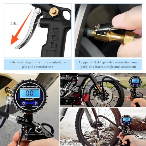 Digital Tire Pressure Gauge with Inflator, 250 PSI Tire Gauge with 360° Air Chuck Air Compressor Accessories, Heavy Duty Inflator Gauges with Quick Connect Coupler & Extended Hose