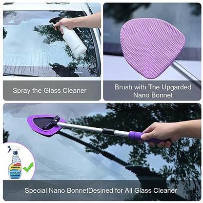 XINDELL Interior Windshield Cleaner Tool, 24" Long Reach Car Glass Cleaner with Microfiber Pads, Extendable Handle for SUV Truck Slanted Windshield & Hard-to-Reach Areas