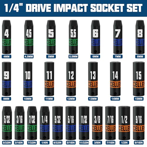 1/4" Drive Impact Socket Set, 50-Piece Standard SAE (5/32" - 9/16") and Metric (4 mm - 15 mm) Size, Deep and Shallow Sockets, 6 Point, Auto Repair Bicycle Maintenance and Furniture Assembly - size: 1/4 Inch Metric/SAE