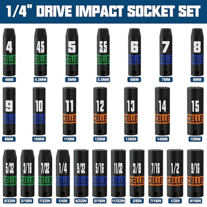1/4" Drive Impact Socket Set, 50-Piece Standard SAE (5/32" - 9/16") and Metric (4 mm - 15 mm) Size, Deep and Shallow Sockets, 6 Point, Auto Repair Bicycle Maintenance and Furniture Assembly - size: 1/4 Inch Metric/SAE