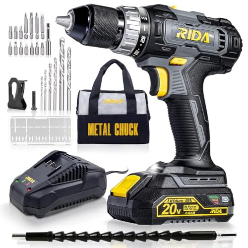RIDA 20V Cordless Power Drill Set 1/2'' Keyless Metal Chuck 355 In-lb DIY | 2.0AH Battery, Fast Charger, 0-1500 rpm, Variable Speed, 25+1 Position, 22pcs Bits, Home Repairs