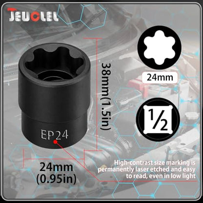 EP Socket EP24, 6 Point 1/2” Dr Female External E-Torx Plus Socket | EP Socket, Female External, E-Torx Plus Socket, External, Cr-V Steel, High Deformation Prevention - size: EP24