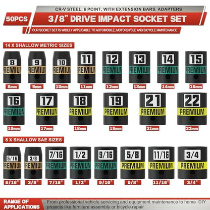 3/8" Drive Impact Socket Set, 50-Piece Standard SAE 5/16 to 3/4 inch and Metric 8-22mm, Cr-V Steel, 6 Point, with Extension Bars and Adapters, for Impact Wrenches, Automotive and Home - size: 3/8" 50pcs
