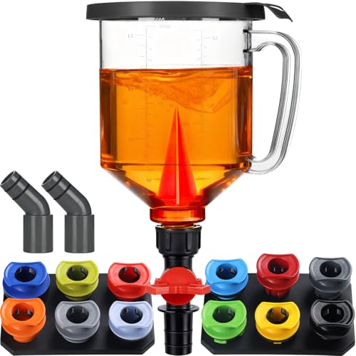 Spill-Proof Oil Funnel Kit 51oz - Master Engine Oil Change Funnel with Shut-Off Valve, 12-15 Adapters, Elbow Fitting, Arrow Screen Filter & Transparent Scale for All Cars Motorcycles