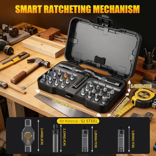 24 in1 Magnetic Screwdriver Set, Multi-Bit Ratchet Screwdriver Kit with S2 Steel Precision Bits,Detachable T-Handle Ratchet Screwdriver Set for PC,Bicycle, Electronics, Furniture, DIY, Gift for Him - size: 24 In 1