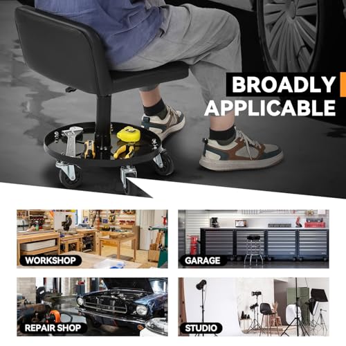 Auto Dynasty Universal Max 330 Lbs Stool Adjustable Mechanic Rolling Garage Padded Seat with Tool Tray Casters for Household Home Garage Warehouse Office, Black