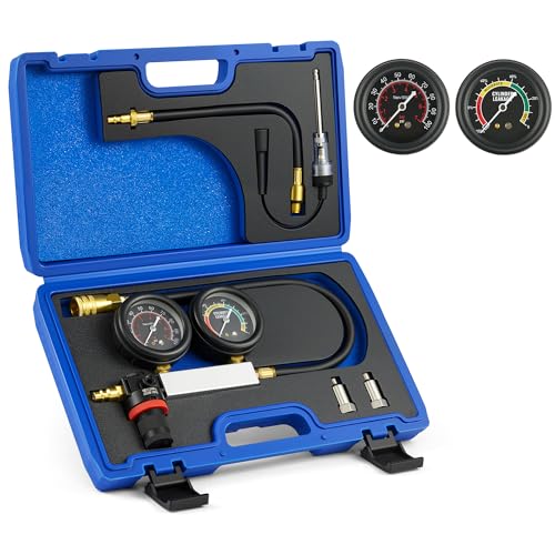 OMT Dual Gauge Engine Cylinder Leakage Tester Kit with Spark Plug Adapters | Solid Brass Core Material; 2.7 Inch Shockproof Rubber Dials; Petrol Vehicle Diagnostics; Ideal Auto Tool For Pro Mechanics