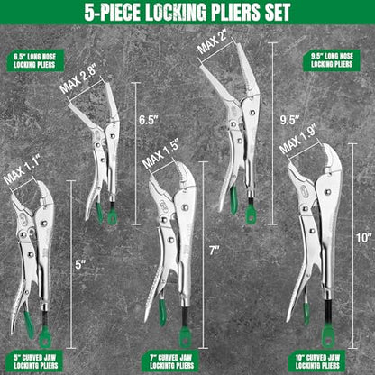 SK 5-Piece Locking Pliers Set, Long Nose & Curved Jaw Vice Grips | Vise Grip Pliers, Premium CR-V Steel, Ergonomic Anti-slip Handle, Ideal for Welding or Assembly, with Rolling Pouch - size: 5-Piece