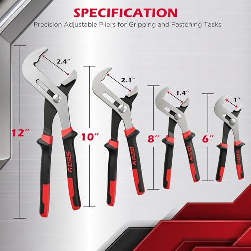 4-Piece Groove Joint Pliers Set, 12" 10" 8" 6" Adjustable Water Pump Pliers with Non-Slip Handles, Straight Jaw Tongue and Groove Pliers for Plumbing, Pipe Fittings, Nuts, Bolts and Home Repair - color: 4pc - 6" 8" 10" 12" Red & Black