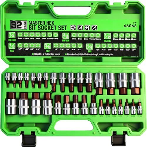 SWANLAKE 32 Piece Hex Bit Socket Set,SAE and Metric, 1/4'', 3/8', 1/2'' Drive Socket Set, S2 & Cr-V Steel - style: 32-Piece Hex Bit Socket