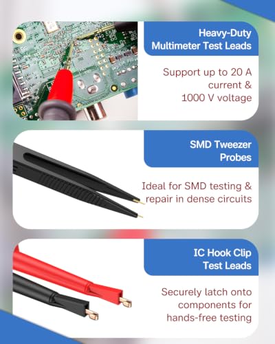 Vibit 14 Pcs Multimeter Test Leads, Multimeter Leads Kit with Back Probes, IC Hook Clip Test Leads, SMD Tweezer Probe & Dual Ended Alligator Clip Leads, Insulated Multimeter Probes - size: 14 PCS