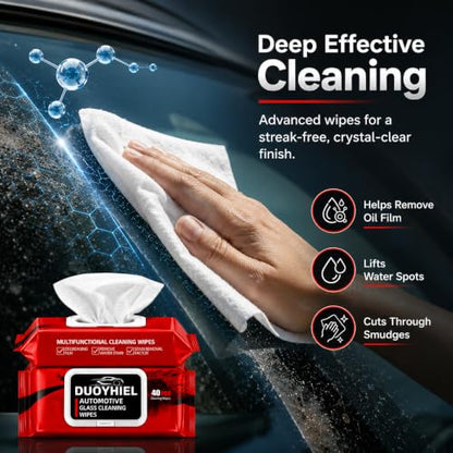Car Glass Cleaning Wipes, 40 PCS Automotive Windshield Oil Film Remover Wipes for Car Windows, Mirrors & Windshield, Disposable Auto Glass Cleaner Wipes for Haze, Smudges, Water Spots, Dirt & Residue