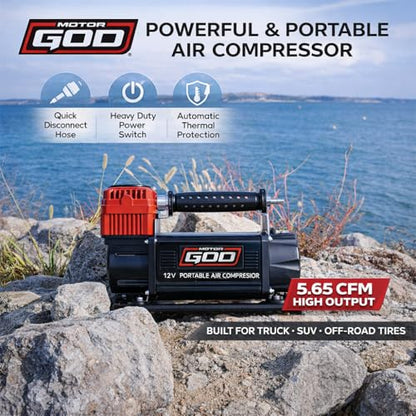 12V Portable Air Compressor 5.65 CFM – Heavy Duty Battery Clamp Tire Inflator for Truck, SUV, 4x4 Off-Road & Overlanding – Fits 35 Inch Tires – 150 PSI with Gauge & Storage Bag