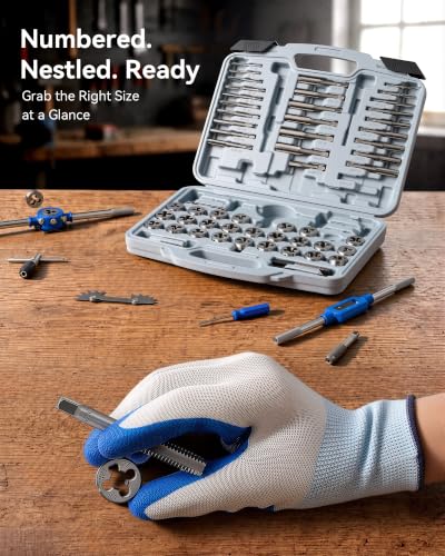 OMT 66pc SAE Metric Tap Die Set, Thread Repair Tool Kit w Screw Extractors | SAE Inch Size #4 to 1/2” and Metric Size M3 to M12, Heat-Treated GCr15 Steel, 5" Center Punch Included, Stripped Bolt Repair - size: 66 pc Metric and SAE