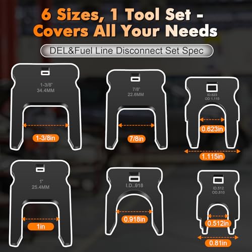 Feekoon DEF Fuel Line Disconnect Tool Set, 6 Sizes, 1/4 in Square Drive | for DEF, fuel, coolant and breather lines, 4 tools compress and 2 expand connectors, low profile for tight engine spaces