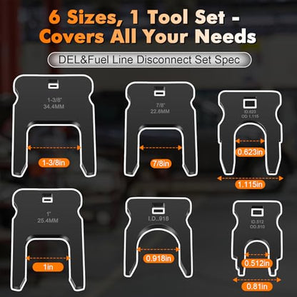 Feekoon DEF Fuel Line Disconnect Tool Set, 6 Sizes, 1/4 in Square Drive | for DEF, fuel, coolant and breather lines, 4 tools compress and 2 expand connectors, low profile for tight engine spaces