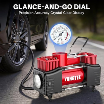 YUNGTEE Tire Inflator Heavy Duty Double Cylinders Direct Drive Inflation Pump,12V Portable Air Compressor Pump with Emergency LED Light - 150PSI Tire Pump,Apply to Car,SUV,RV - color: Red