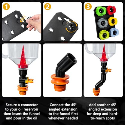 18 Pack No Spill Engine Oil Funnel Kit，1.59QT/1.5L Automotive Oil Funnel Set， 2 Magnetic Adapter Organizer Boards 12 Adapters Compatible with GM, Ford, BMW, Audi, Land Rover Etc