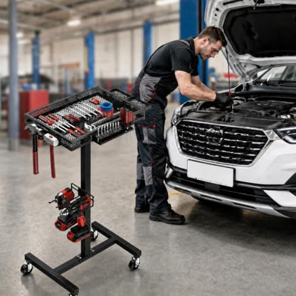 Rolling Tool Cart with Wheels, Metal Work Table Tool Organizer | Mechanic Cart with Side Tool Slots & Mesh Tray, Ideal for Garage & Workshop
