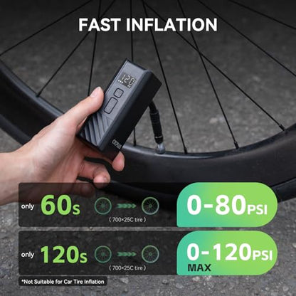 CYCPLUS Electric Bike Pump, A3Mini, 120 PSI, Brushless Motor, with Display | Pocket-size, 212g, 2000mAh, Fast Inflation. Presta and Schrader Valve，Auto Off, for Road Bikes, MTB, E-Bikes and Motorcycles