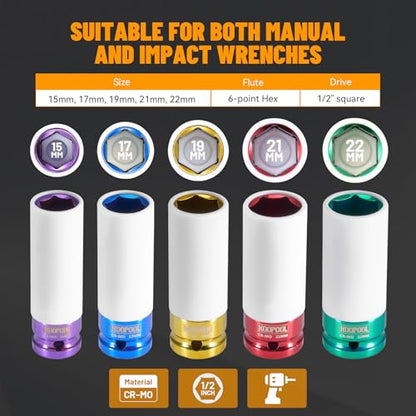KOOPOOL 1/2" 5-Pc Lug Nut Socket Set 15-22mm Thin Wall w/Sleeve | 5-pc metric 15-22mm lug nut socket set. Non-scratch nylon sleeve. Cr-Mo steel, color electroplate. Thin wall, color-coded - color: Red