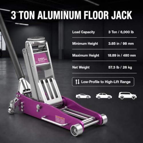 3 Ton (6,600 lbs) Low Profile Aluminum Hydraulic Racing Floor Jack with Dual Piston Quick Lift Pump, Lifting Range 3.74" to 18.9", for Cars, Trucks and SUVs, Purple