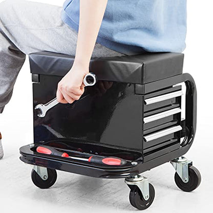 Torin APD2016AB Rolling Tool Chest/Tool Box with 3 Drawers and Wheels, Padded Mechanic Stool Creeper Seat, Black - style: Rolling Tool Chest