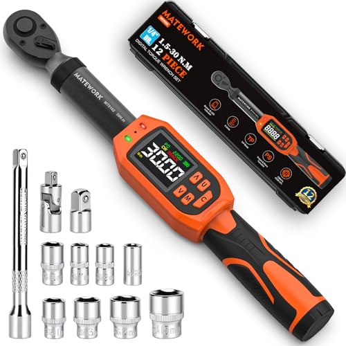 Matework 1/4 Torque Wrench Digital, (13.5-265 In-Lb/1.5-30 Nm), 12Pcs Inch Pound Digital Torque Wrench Set with Buzzer & LED Indicator, ±1% Accuracy, Sockets & Adapters for for Bike Moto Gunsmithing - size: 1/4-Inch (13.5-265 in·lb)
