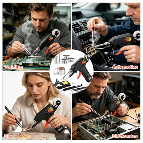 Soldering Gun Kit, 80W Adjustable Temperature Soldering Iron with LED Display, 3 Tips, 3 Solder Wire Rolls, Desoldering Pump, Tweezers & Brass Wire Cleaner for Electronics Repair and DIY Welding