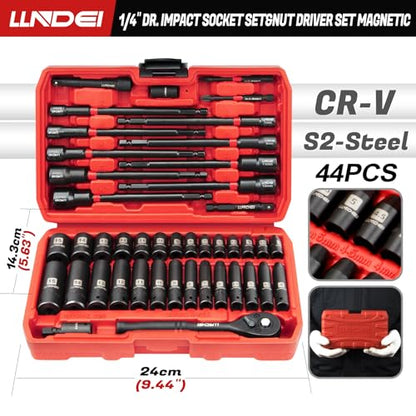 LLNDEI 1/4" Drive Socket Set & Nut Driver Set 44PCS, 1/4-Inch Sockets Deep&Shallow Metric(4-15mm) with Ratchet, 1/4" Hex Shank 6" Long Nut Drivers(6-14mm) for Impact Drill Bits(PH1 PH2) - size: 44PCS Metric