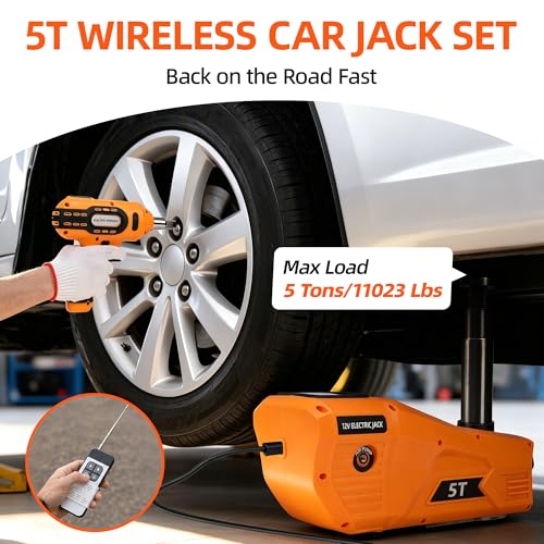 Electric Car Jack 5 Ton 12V Hydraulic Jack Kit with Impact Wrench & Tire Inflator Pump, Wireless Remote & Touch Screen, 3-Mode LED for SUV MPV Sedan Truck – Garage, Roadside, Tire Change