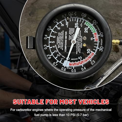 Vacuum and Fuel Pump Tester Gauge Kit, Auto Fuel Pressure Testing Tool Kit Vacuum Gauge, Leak Carburetor Pressure Diagnostic Tools for Cars Trucks Boats Motorcycles