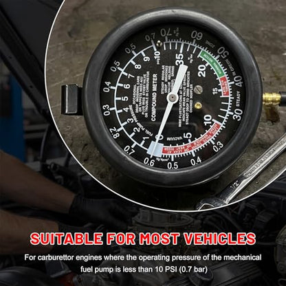 Vacuum and Fuel Pump Tester Gauge Kit, Auto Fuel Pressure Testing Tool Kit Vacuum Gauge, Leak Carburetor Pressure Diagnostic Tools for Cars Trucks Boats Motorcycles