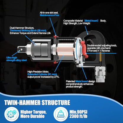 1 Inch Air Impact Wrench, Up to 3000ft-lbs Torque, 5000RPM 1'' Impact Gun | 16 lbs Lightweight Pneumatic Impact Wrench with 6 Inch Extended Anvil & 2 D Handles, 1/2'' Air Inlet for Heavy Duty Repairs - size: 1 Inch | 3000 ft-lbs w/6" Extended Anvil