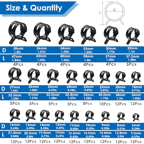 Tnisesm 195Pcs 6-38mm Spring Band Hose Clamps Assortment kits with Swivel Flat Fuel Hose Clamp Plier - 23 Sizes Silicone Vacuum Hose Pressure Air Clip Clamp - size: 195Pcs-23 Sizes+Plier