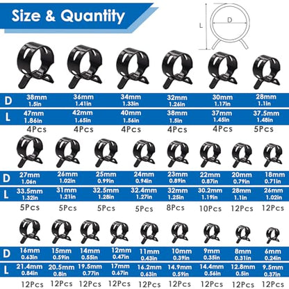 Tnisesm 195Pcs 6-38mm Spring Band Hose Clamps Assortment kits with Swivel Flat Fuel Hose Clamp Plier - 23 Sizes Silicone Vacuum Hose Pressure Air Clip Clamp - size: 195Pcs-23 Sizes+Plier