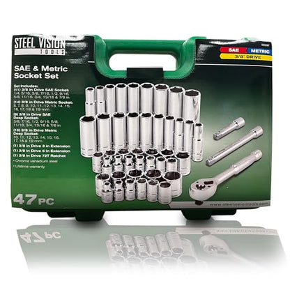 Steel Vision 47‑Piece 3/8″ Drive SAE (1/4 inch to 7/8 inch) & Metric (6mm to 19mm) Socket Set in Heavy‑Duty Case – 72‑Tooth Ratchet, Chrome Vanadium Steel, Extension Bars, 6‑Point, Laser Etched - size: 3/8-Inch