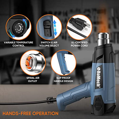 ROMECH 1500W Heavy Duty Heat Gun, Variable Temperature Control Hot Air Gun Kit with 2 Air Flow 120°F~1200°F and 4 Nozzles for Crafts Shrink Wrap (Blue) - color: Blue