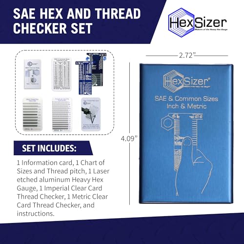 HexSizer 6-in-1 SAE Hex & Allen Wrench Gauge Set, Inch & Metric | Allen wrench, nut, bolt, stud & thread pitch gauge; compact aluminum; ideal for auto & DIY mechanics