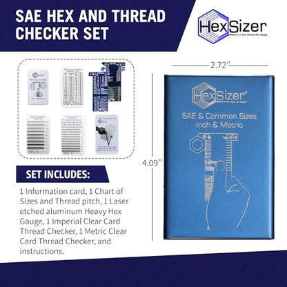 HexSizer 6-in-1 SAE Hex & Allen Wrench Gauge Set, Inch & Metric | Allen wrench, nut, bolt, stud & thread pitch gauge; compact aluminum; ideal for auto & DIY mechanics