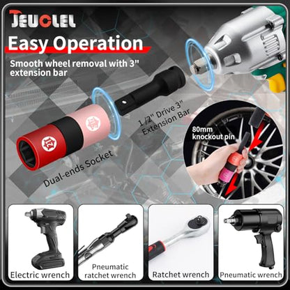7PCS 1/2" Drive Half Sizes Lug Nut Socket Set, Thin Wall Impact Flip Sockets with Extension Bar Knockout Rod, 6 Point Non-Marring Thin Wall Double Ended for Removing Damaged Lug Nuts - size: 7Pcs (black)